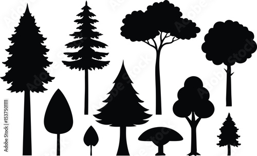 Collection of various tree silhouettes nature forest woodland graphic design