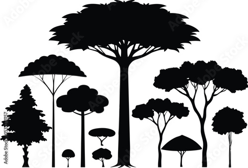 Collection of black silhouette trees various shapes and sizes