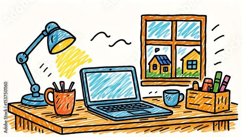 Cozy Home Office Desk with Laptop, Lamp, and Window View Illustration, Perfect for Remote Work and Study