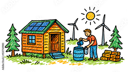 Sustainable Living Illustration: Man Collecting Rainwater at Off-Grid Cabin with Solar Panels and Wind Turbines