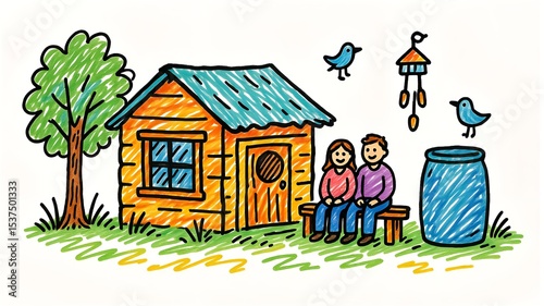 Whimsical Hand-Drawn Illustration of a Cozy Cabin Scene with Couple, Birds, and Nature Elements