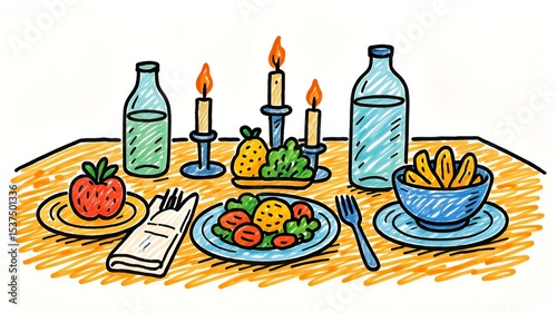 Stylized Illustration of a Dinner Table Setting with Food, Candles, and Water Bottles for a Meal