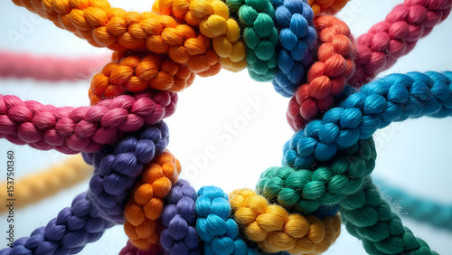 Strong junction created by colorful ropes intertwined in unity circle demonstrating teamwork and business partnership synergy