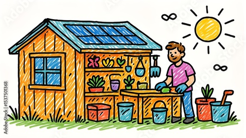 Illustration of a Man Gardening in a Shed with Solar Panels on the Roof on a Sunny Day