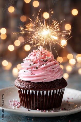 Delicious Chocolate Cupcake With Pink Frosting and Sparkler at a Celebration.