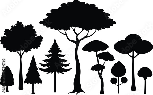 Collection of black silhouettes various trees nature forest