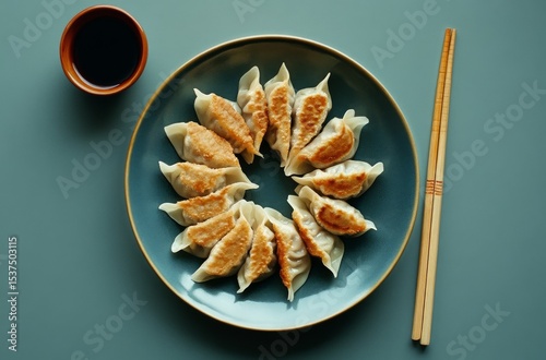 Savory Pan-Fried Dumplings Served With Dipping Sauce and Chopsticks.
