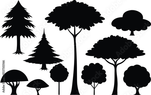 Collection of black silhouettes various trees nature