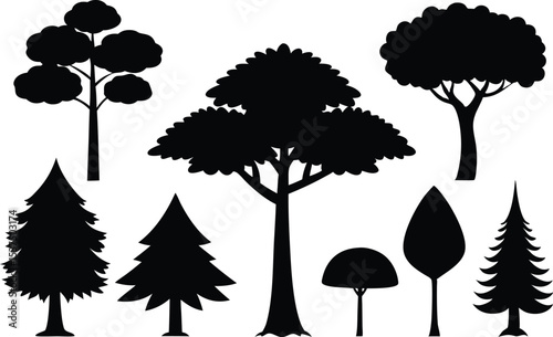 Collection of various tree silhouettes black and white