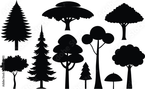 Collection of black silhouettes various trees and conifers