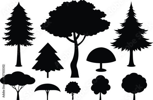 Collection of black silhouettes various trees nature forest