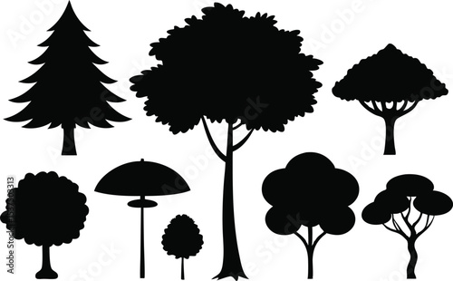 Collection of black silhouettes various trees and umbrella