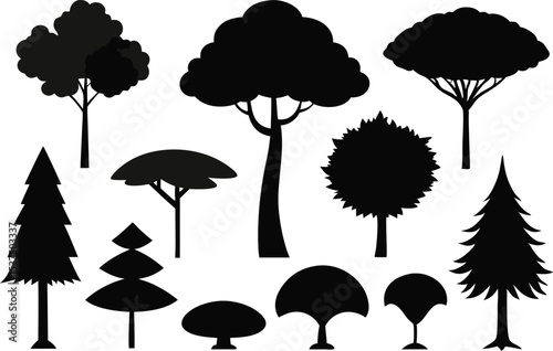 Collection of black silhouettes various tree types