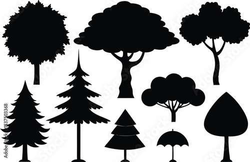 Collection of black silhouettes various trees and conifers