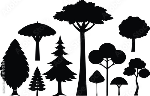 Collection of black silhouettes various trees nature forest