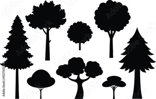 Collection of black silhouettes various trees nature forest
