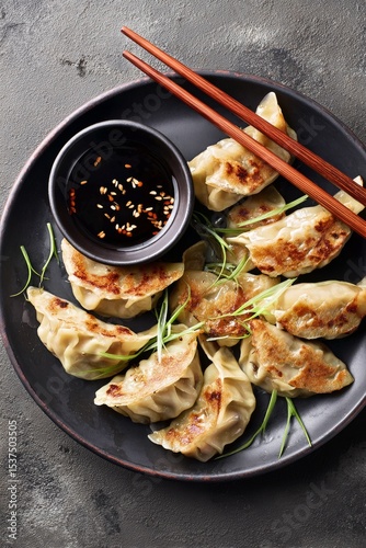 Delicious Dumplings With Dipping Sauce and Chopsticks on Black Plate