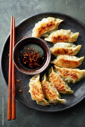 Delicious Dumplings With Dipping Sauce and Chopsticks on Black Plate.