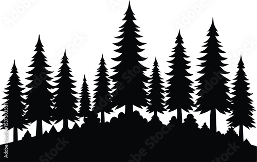 Silhouetted evergreen forest landscape illustration
