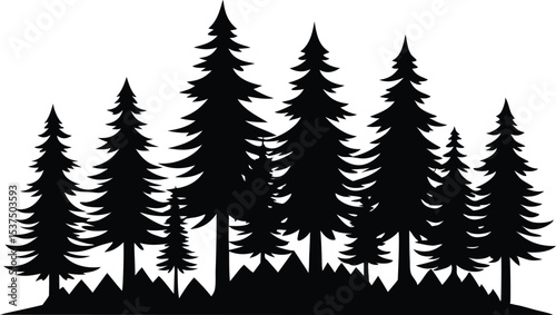 Silhouetted evergreen forest winter landscape design