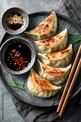 Deliciously Fried Dumplings Served on a Black Plate With Chopsticks and Dippi...