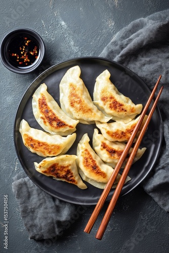 Deliciously Fried Dumplings Served on a Black Plate With Chopsticks and Dippi...