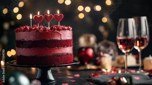 Romantic Red Velvet Cake With Hearts and Wine Glasses Set for Celebration