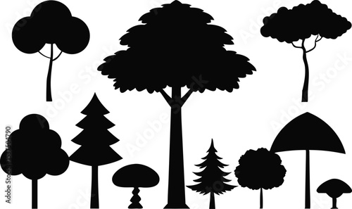 Collection of black silhouettes various trees nature forest