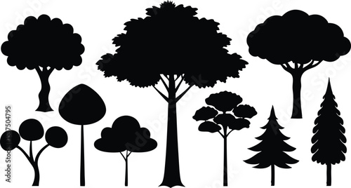 Collection of black silhouettes various trees nature forest