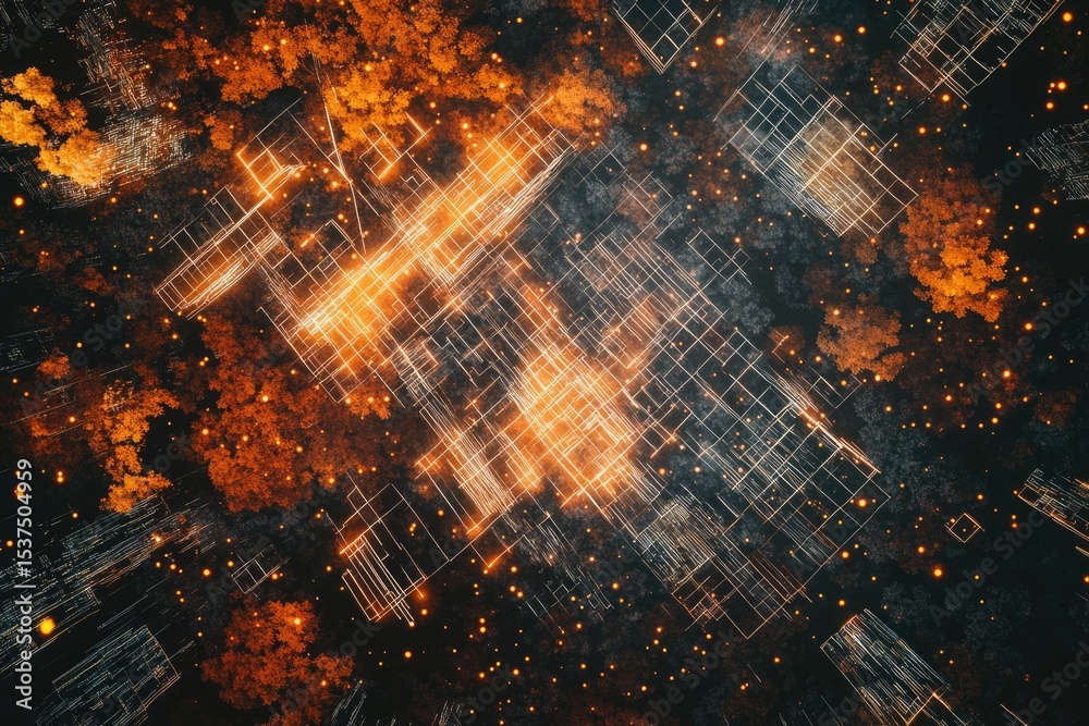 Abstract aerial view with glowing geometric lines overlaying an autumnal forest, creating a futuristic network landscape with warm, vibrant hues. Abstract aerial view with glowing geometric lines overlaying an autumnal forest, creating a futuristic network landscape with warm, vibrant hues.