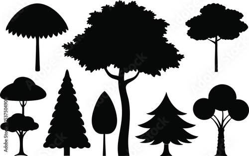 Collection of various tree silhouettes black and white