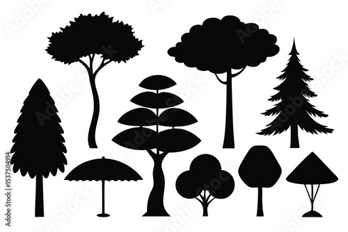 Collection of black silhouettes various trees and umbrella