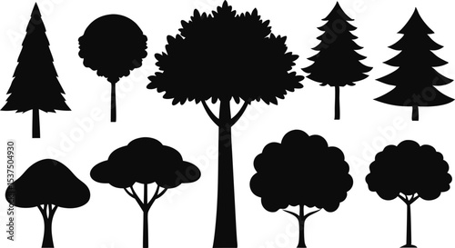 Collection of black silhouettes various trees and conifers