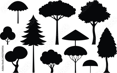 Collection of black silhouettes various trees and umbrellas
