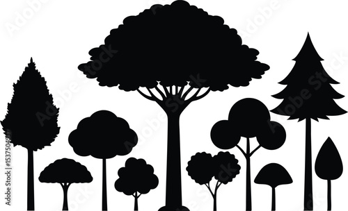 Collection of silhouettes various trees nature forest