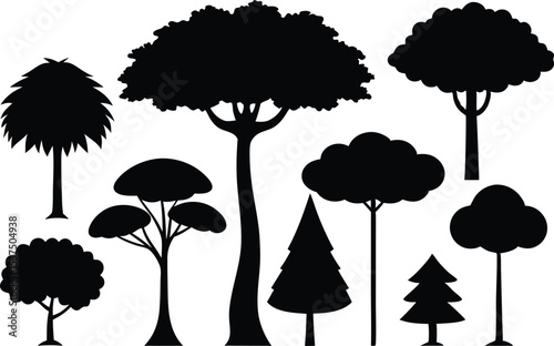 Collection of black silhouettes various tree types forest nature