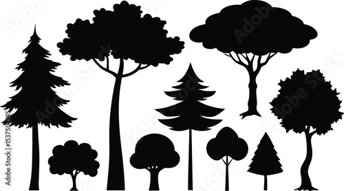 Collection of black silhouettes various trees nature forest