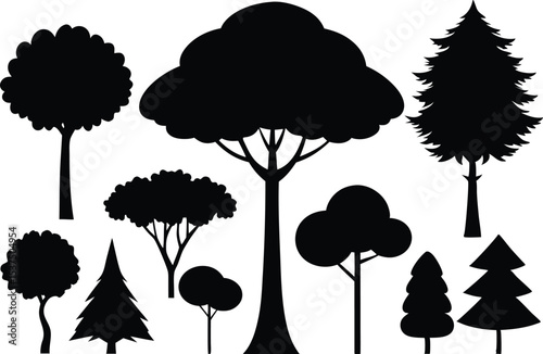 Collection of black silhouettes various trees nature forest