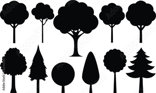 Collection of black silhouettes various tree types