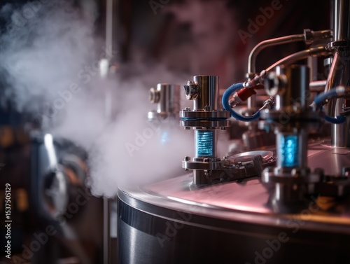 Metallic industrial equipment emitting vapor with visible blue light inside, surrounded by intricate piping. The mechanical setup creates a visually striking scene with a focus on machinery