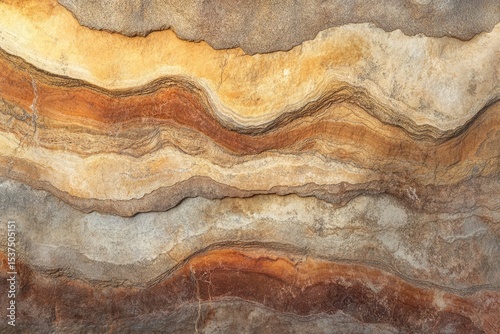 Layered rock formation displaying various earth tones, textures, and irregular shapes creating a visually intriguing geological composition.