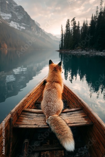 Fox Sitting Peacefully in a Boat Overlooking a Serene Mountain Lake at Sunset.