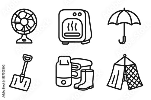 Seasonal Home Icons. Line style icons of seasonal home items: fan, space heater, humidifier, electric blanket. snow shovel,