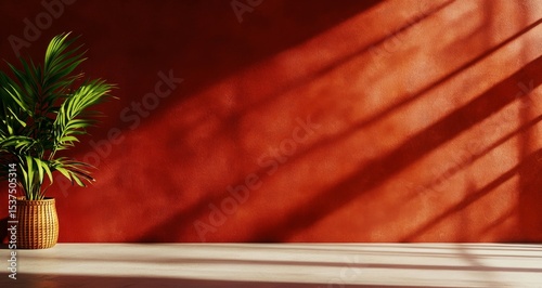 Sunlight Casts Shadows on a Vibrant Red Wall With a Green Plant in a Bright I...