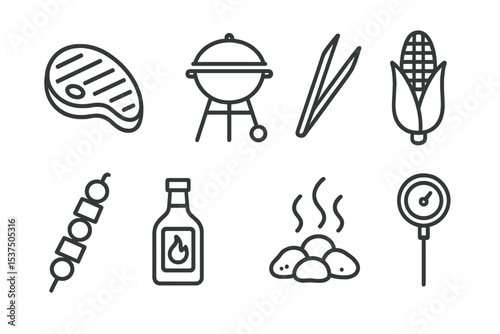 Barbecue Icons Collection. Line style icons of barbecue party: grilled steak, barbecue grill, tongs, corn on cob. skewer, BBQ