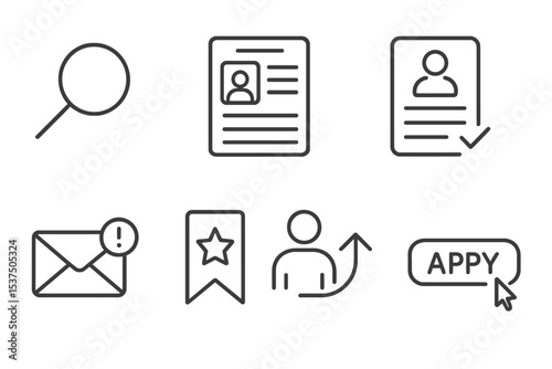 Job Search Icons. Line style icons of job search: magnifying glass, job listing, application form, job portal. email alert, saved