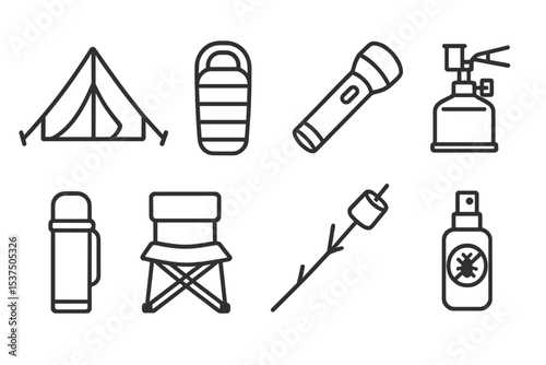 Camping Essentials Icons. Line style icons of camping gear: tent, sleeping bag, flashlight, portable stove. thermos, camp chair,
