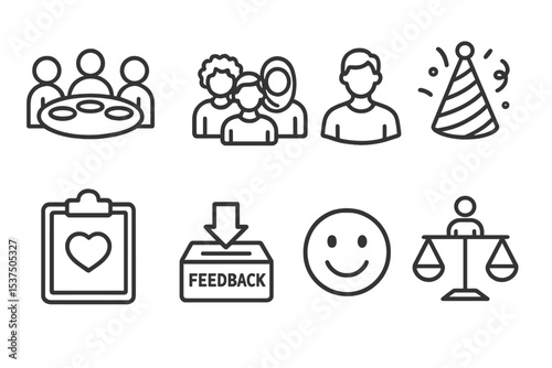 Workplace Culture Icons. Line style icons of workplace culture: team lunch, diversity icon, casual dress, celebration hat. values