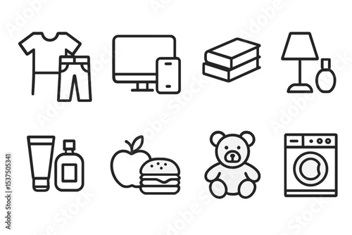 Product Category Icons. Line style icons of product categories: clothing, electronics, books, home decor. beauty products, food