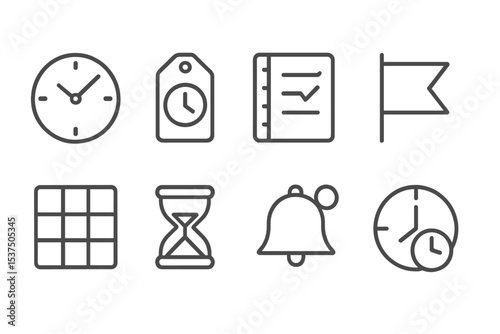 Time Management Icons. Line style icons of time management: clock icon, deadline tag, daily planner, priority flag. schedule grid,